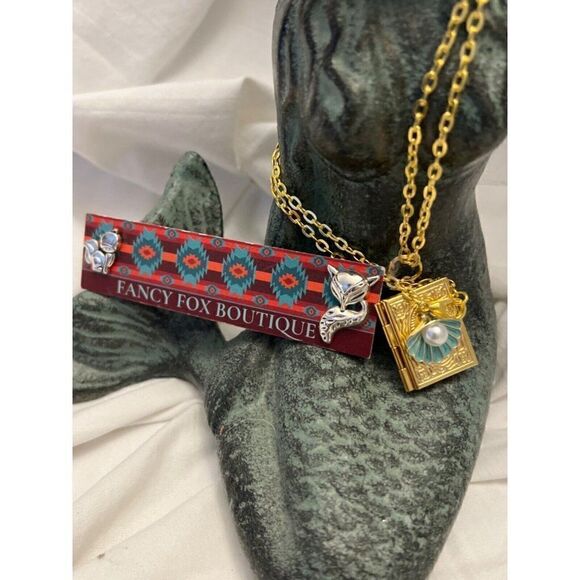 PEARL SHELL BOOK GOLD LOCKET TEAL TURQUOISE FLOWER SEA OCEAN NECKLACE - Picture 7 of 7